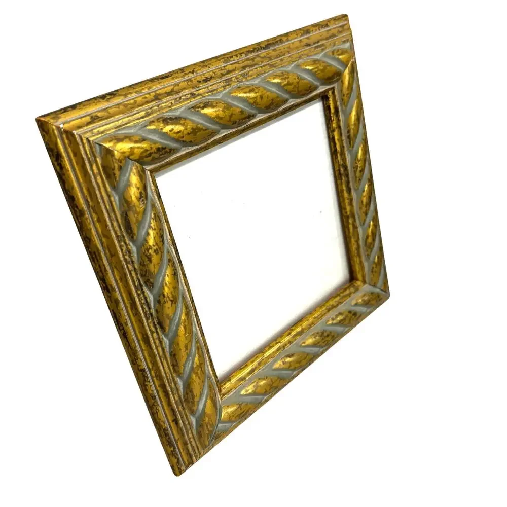 Vintage style free standing photo frame rear loading gold painted wood 5” square